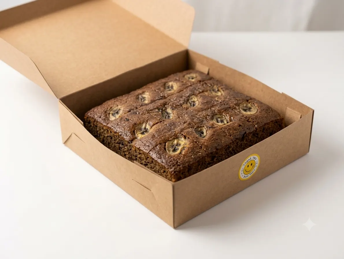 An open kraft box of Original Banana Cake from Dapur Piqa.